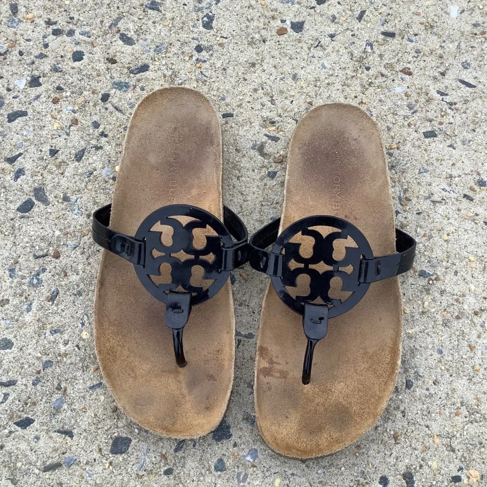 Tory Burch Miller Cloud Black Patent Leather Cork Footbed Thong Sandals Women 9M